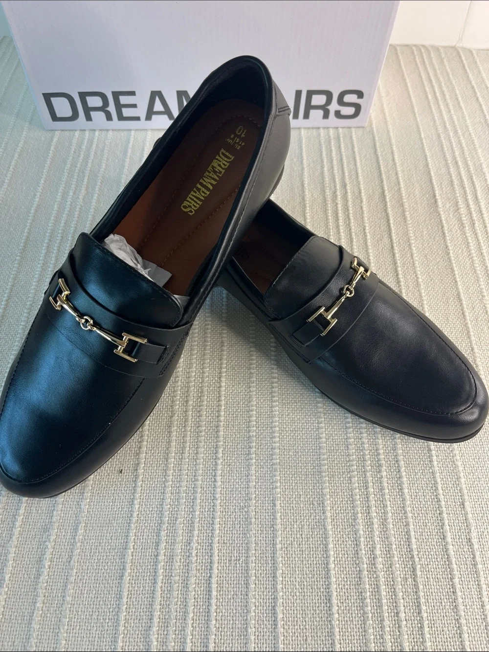 Dream Pairs: women's Black Leather Slip-On Loafers with Gold Bit, never worn NWT